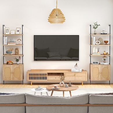 71-inch 6-tier Wall-mounted Ladder Bookshelf With Rattan Cabinet-natural