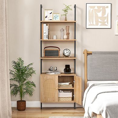 71-inch 6-tier Wall-mounted Ladder Bookshelf With Rattan Cabinet-natural