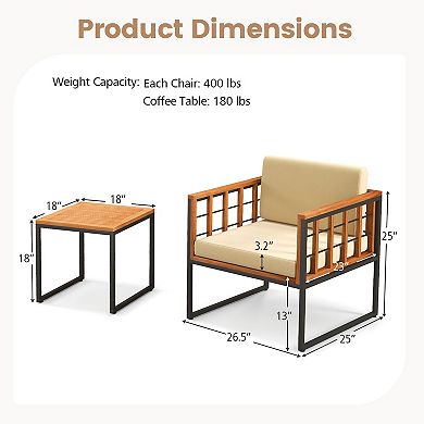 3 Piece Patio Conversation Set Acacia Wood Outdoor Chair Set with Cushions