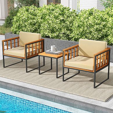 3 Piece Patio Conversation Set Acacia Wood Outdoor Chair Set with Cushions