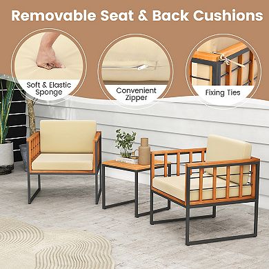 3 Piece Patio Conversation Set Acacia Wood Outdoor Chair Set with Cushions