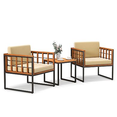 3 Piece Patio Conversation Set Acacia Wood Outdoor Chair Set with Cushions