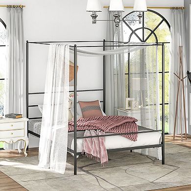 Queen Size Metal Canopy Bed Frame With Slat Support