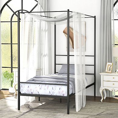 Queen Size Metal Canopy Bed Frame With Slat Support