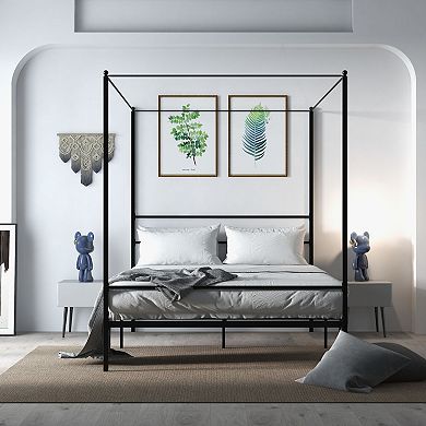Queen Size Metal Canopy Bed Frame With Slat Support