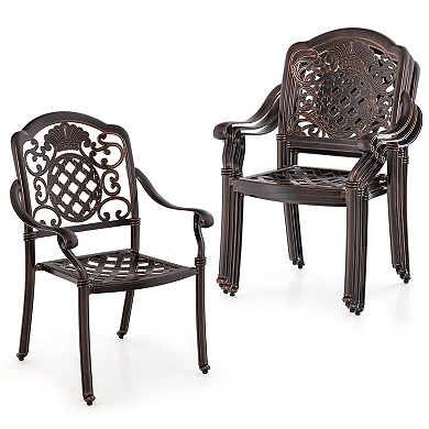 Set Of 2 Copper Cast Aluminum Patio Dining Chairs With Armrests, Stackable