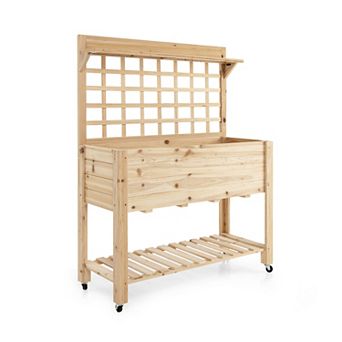 Wooden Raised Garden Bed With Wheels, Trellis, And Storage Shelf