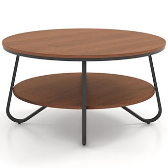 33.5-inch Round Coffee Table With Wood Grain Finish & Heavy-duty Metal Frame-walnut