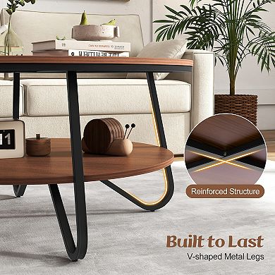 33.5-inch Round Coffee Table With Wood Grain Finish & Heavy-duty Metal Frame-walnut