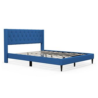 Blue Queen Size Upholstered Platform Bed With Button Tufted Wingback Headboard