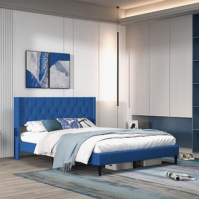 Blue Queen Size Upholstered Platform Bed With Button Tufted Wingback Headboard