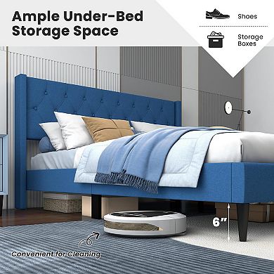 Blue Queen Size Upholstered Platform Bed With Button Tufted Wingback Headboard