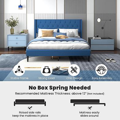 Blue Queen Size Upholstered Platform Bed With Button Tufted Wingback Headboard