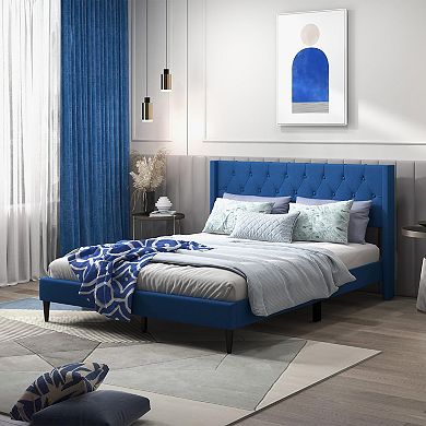 Blue Queen Size Upholstered Platform Bed With Button Tufted Wingback Headboard