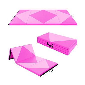 8 Feet Pu Leather Folding Gymnastics Mat With Hook And Loop Fasteners-pink