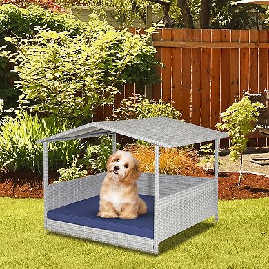 Wicker Dog House With Waterproof Roof And Washable Cushion Cover-navy