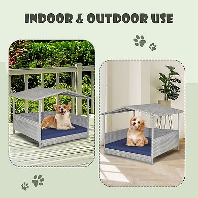 Wicker Dog House With Waterproof Roof And Washable Cushion Cover-navy