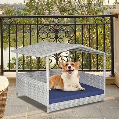 Wicker Dog House With Waterproof Roof And Washable Cushion Cover-navy
