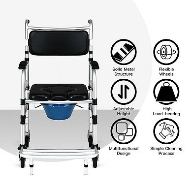 2-in-1 Aluminum Commode Shower Wheelchair With Locking Casters
