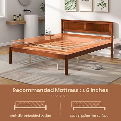 Bed Frame with Wooden Headboard and Slat Support Queen