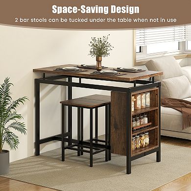 3-piece Dining Set With 3-tier Storage Shelf And Metal Frame-brown