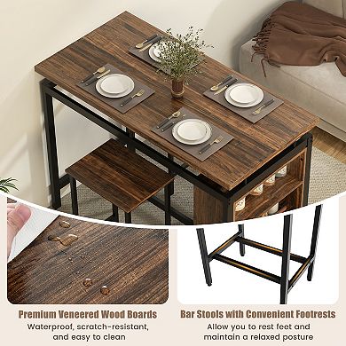 3-piece Dining Set With 3-tier Storage Shelf And Metal Frame-brown