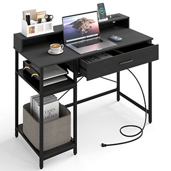 42 Inch Computer Desk with Hutch Power Outlets Drawer and Two Open Shelves