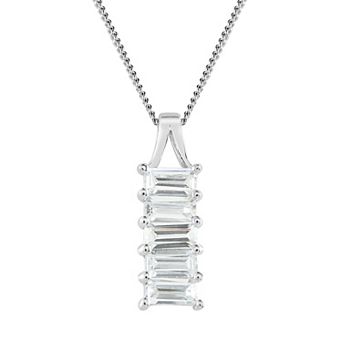 SIRI Sterling Silver Rhodium-Plated Baguette Bar Pendant with White Cubic Zirconia and 18" Chain