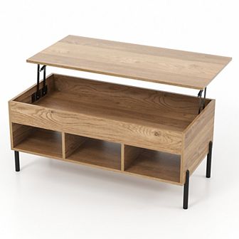Living Room Coffee Table With Lift-top And Metal Legs-natural Finish