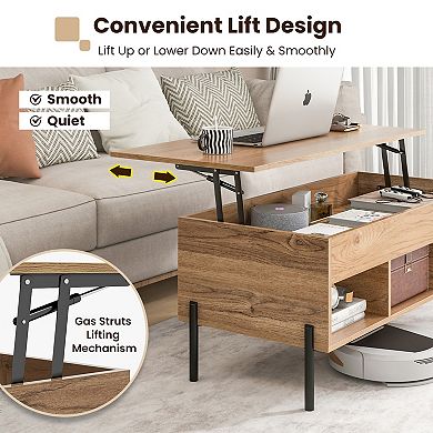 Living Room Coffee Table With Lift-top And Metal Legs-natural Finish