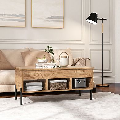 Living Room Coffee Table With Lift-top And Metal Legs-natural Finish