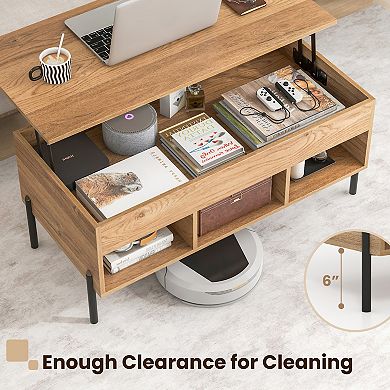 Living Room Coffee Table With Lift-top And Metal Legs-natural Finish