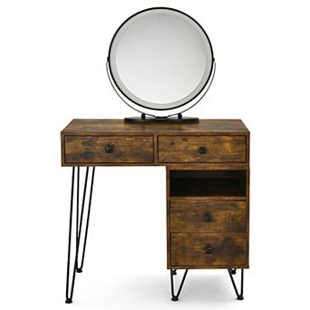 Rustic Brown Modern Vanity Table With Storage Cabinet