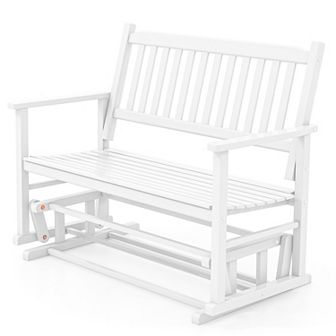2 Seats Outdoor Glider Bench With Armrests And Slatted Seat-white