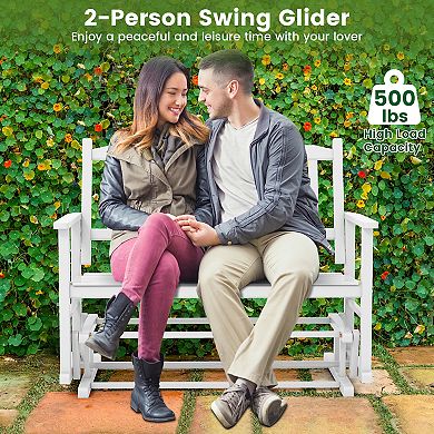 2 Seats Outdoor Glider Bench With Armrests And Slatted Seat-white