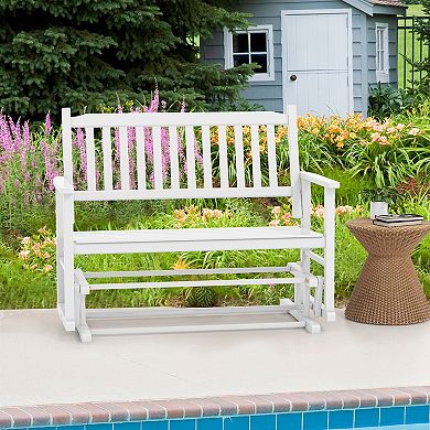 2 Seats Outdoor Glider Bench With Armrests And Slatted Seat-white