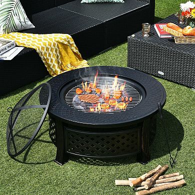 Outdoor Fire Pit With Bbq Grill And High-temperature Resistant Finish
