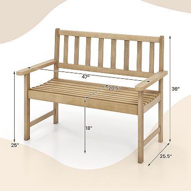 Teak Wood Outdoor Garden Bench 2 Person Patio Bench With Backrest And Armrests