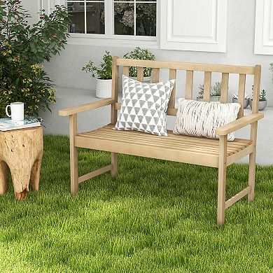 Teak Wood Outdoor Garden Bench 2 Person Patio Bench With Backrest And Armrests