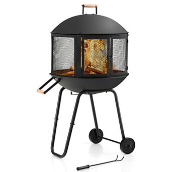 28-inch Portable Fire Pit With Wheels And Log Grate-black