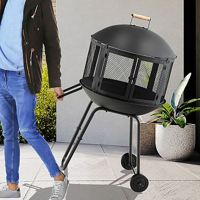 28-inch Portable Fire Pit With Wheels And Log Grate-black