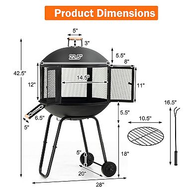28-inch Portable Fire Pit With Wheels And Log Grate-black