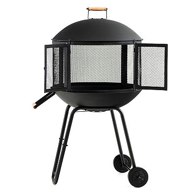 28-inch Portable Fire Pit With Wheels And Log Grate-black