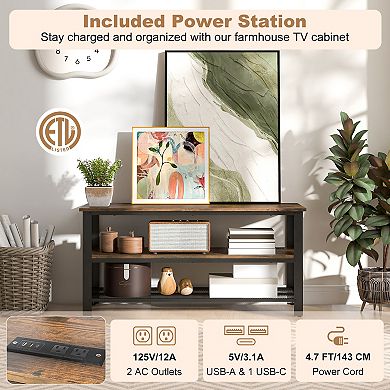 Rustic Brown Industrial Tv Stand For Up To 50-inch Screens With Power Outlets And Usb Ports