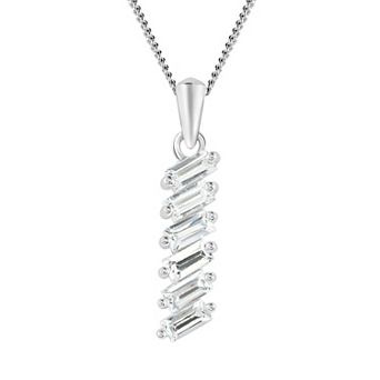 SIRI Sterling Silver Rhodium-Plated Twisted Bar Pendant with White Cubic Zirconia and 18" Chain