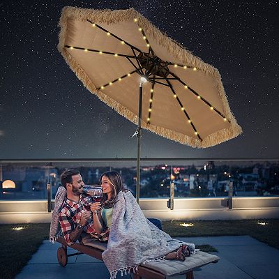 9 ft patio umbrella with led lights 9 Feet Solar Powered Thatched Tiki Patio Umbrella with Led Lights