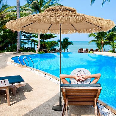 9 Feet Solar Powered Thatched Tiki Patio Umbrella With Led Lights.