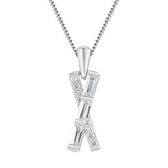 SIRI Sterling Silver Rhodium-Plated X-Design Pendant with White Cubic Zirconia and 18" Chain