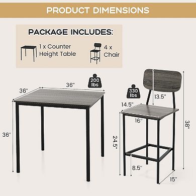 5-piece Counter-height Dining Bar Table Set With 4 Bar Chairs-gray