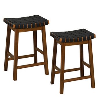 Set Of 2 25" Bar Height Stools With Faux Leather Woven Curved Seats